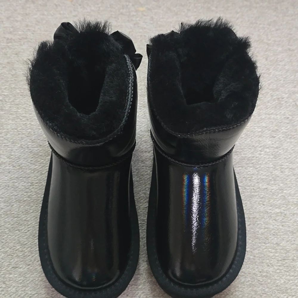 Metallic Black Faux Fur Rhinestone Tassel Bow Boots
